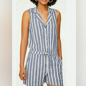 Loft NWT Shorts Romper 10 Striped Blue Linen Blend Drawstring Pockets Coastal